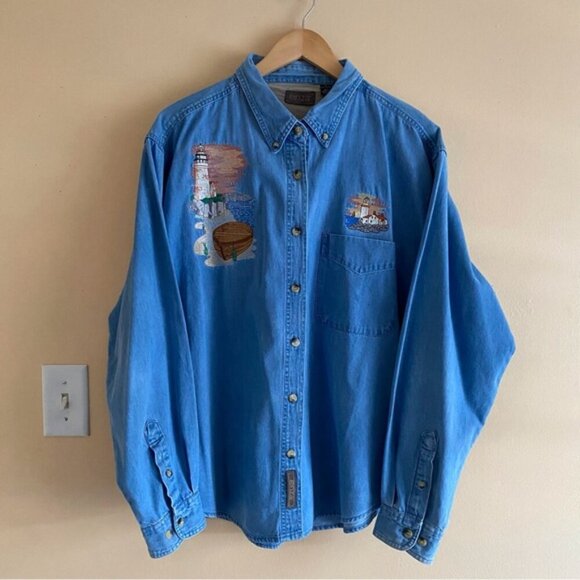 Vintage Enza Denim Button-Up Shirt Embroidery Woman XL Coastal Beach Coquette - Picture 2 of 14